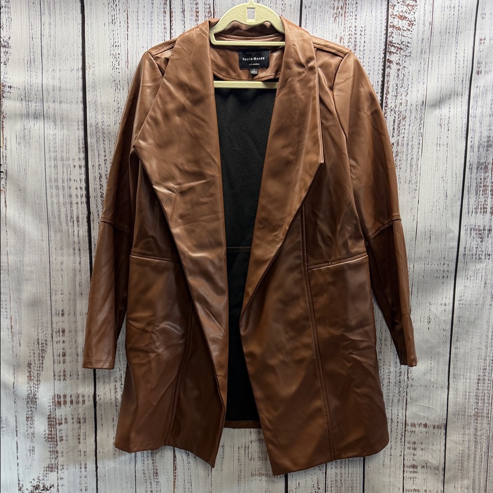 Haute Monde Los Angeles Brown Faux Leather Open Front Jacket Coat Size XL